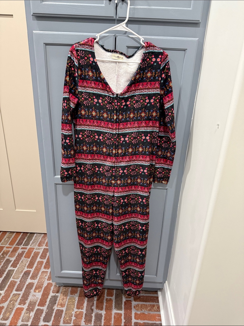 NATURAL LIFE Black Hooded One-Piece Pajama with Pink and Red Pattern